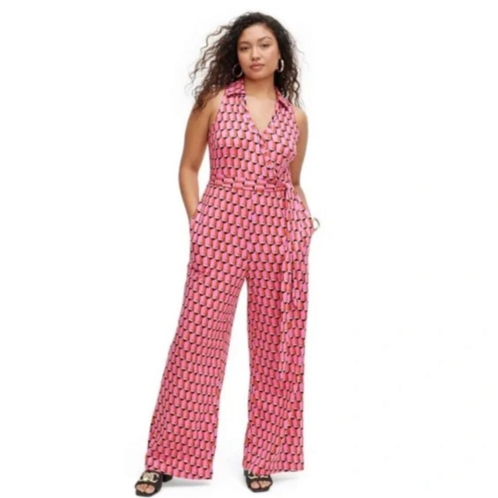 Diane von furstenberg jumpsuit wide leg Pink Modern geo sz 2x artsy abstract